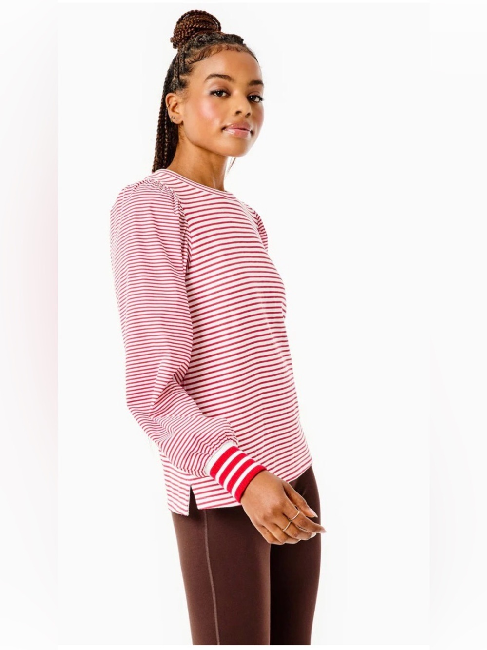 Addison Bay Penny Pullover Super White Cherry Stripe Puff Sleeve Sweatshirt XS